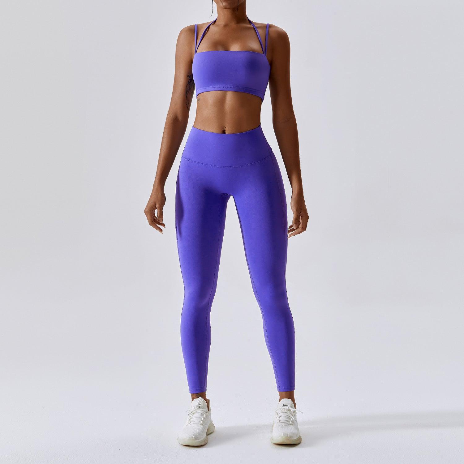 Mesh Panel Lace-Up Cropped Sports Bra and Leggings Set in Purple